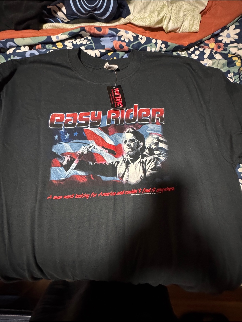Hot Topic Black Easy Rider Graphic Tee with Red & Blue Print